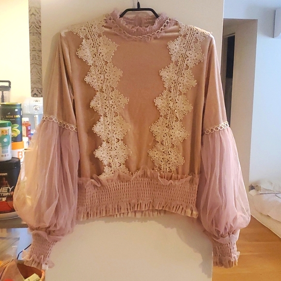 Tops - Velvet Lace pastel pink blouse